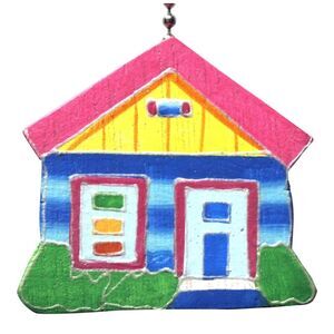 Pink and Yellow Roof Carribean House Hand Carved Wood Ceiling Fan Light Pull